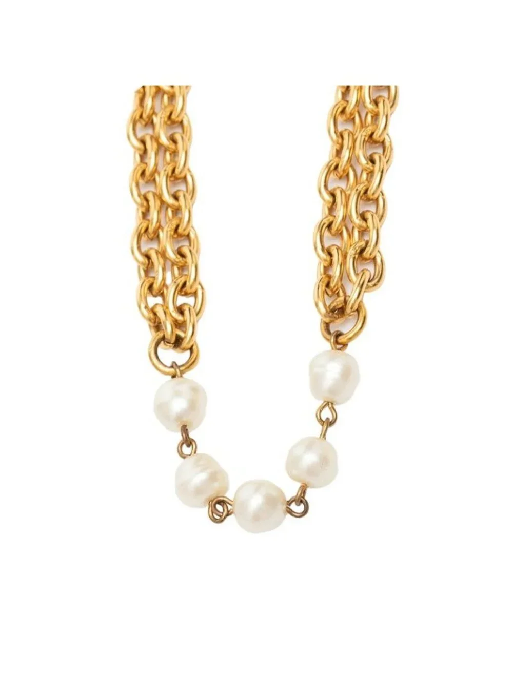 Chanel Vintage Chain Long Necklace Gold Plated Faux Pearl